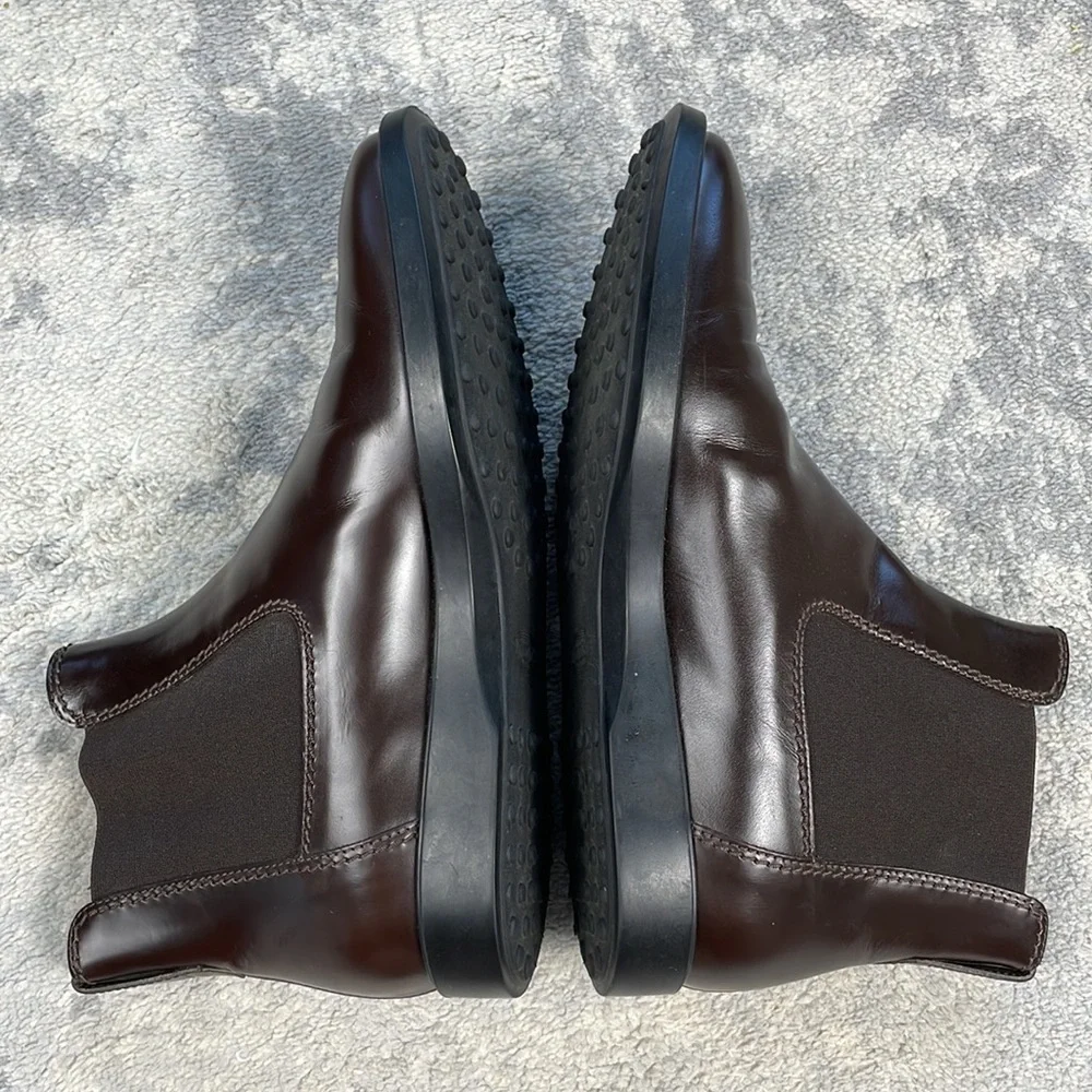 Tods Chelsea Boots Dark Brown Glossy Smooth Leather Shoes US 7.5